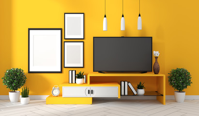 Tv cabinet in yellow modern room,minimal designs, zen style. 3d rendering