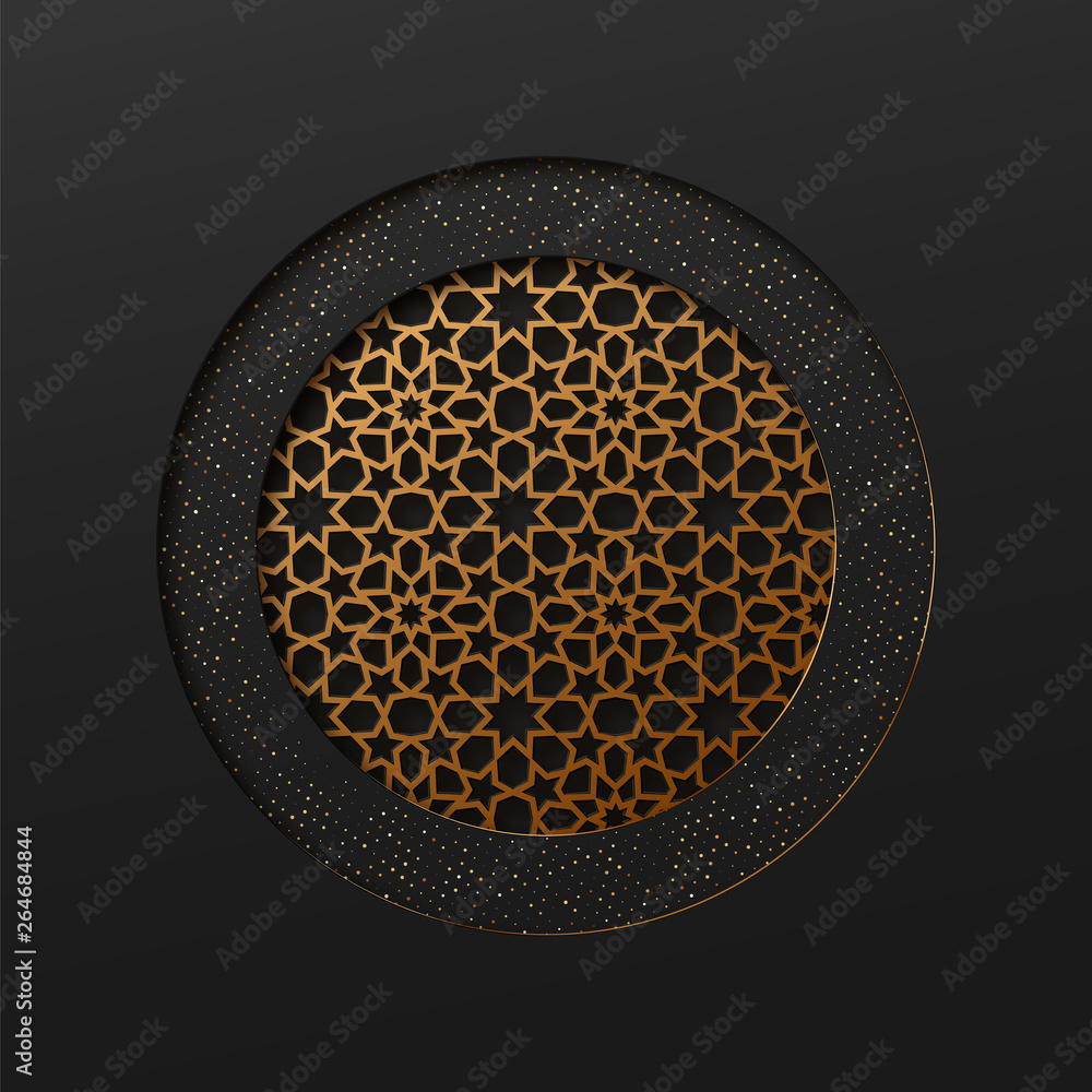 Poster black and gold background with geometric texture tunnel style cut out paper embossing pattern