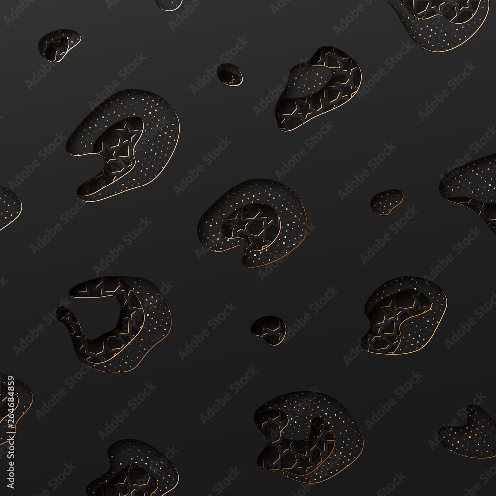 Poster black and gold background with geometric texture tunnel style cut out paper embossing pattern.