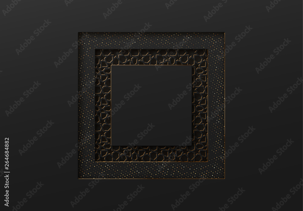 Poster black and gold background with geometric texture tunnel style cut out paper embossing pattern.