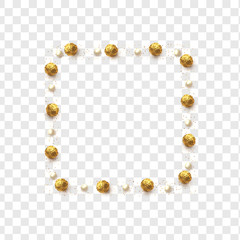 Gold round chocolates in foil, pearls and scattering of glitter isolated on transparent background