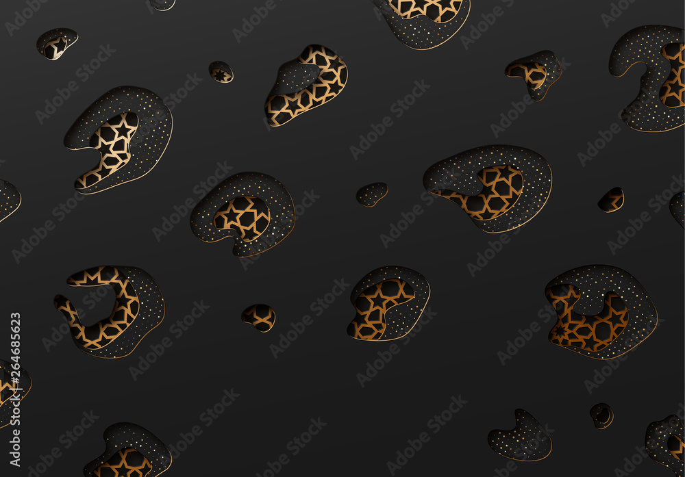 Poster black and gold background with geometric texture tunnel style cut out paper embossing pattern.
