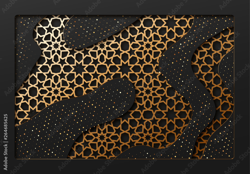 Poster black and gold background with geometric texture tunnel style cut out paper embossing pattern.