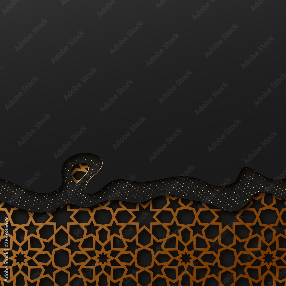 Poster black and gold background with geometric texture tunnel style cut out paper embossing pattern