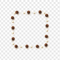 Brown round chocolates, pearls and placer of glitter isolated on transparent background
