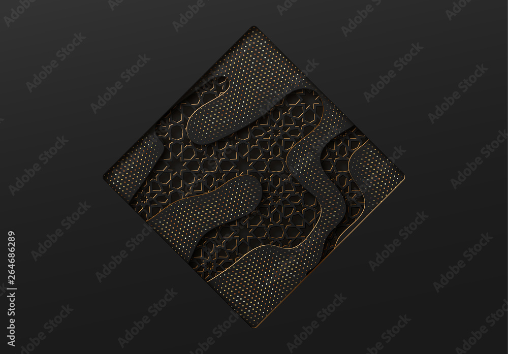 Poster black and gold background with geometric texture tunnel style cut out paper embossing pattern.