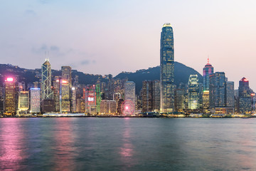 Fototapeta na wymiar Hong Kong skyline on the evening seen from Kowloon, Hong Kong, China.