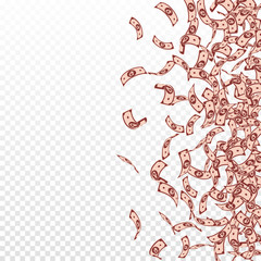 Russian ruble notes falling. Small RUB bills on tr