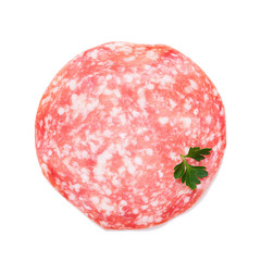 Slice of salami Isolated on a white background.