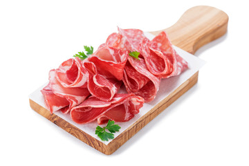 Cold meat  Italian snacks food with ham, prosciutto, salami isolated on white background.