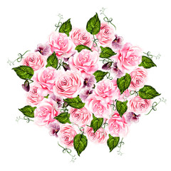 Beautiful watercolor wedding bouquet with  flowers of rose and violets. 