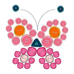 Butterfly made of buttons. Doodle hand drawn illustration 