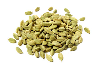 Green cardamom pods on white background