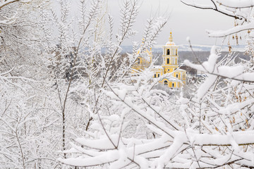 Landscape, view of the yellow Church building through snow-covered tree branches on a mountain background