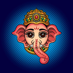 Color vector illustration of an indian god with an elephant head. Indian deity Ganesh. Drawing for tattoo with an elephant's head. Design element for postcard, logo, banner.