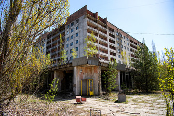 Telephone booth in a building in the abandoned city of Prypiat, near the Chernobyl nuclear power plant, Ukraine. April 2019
