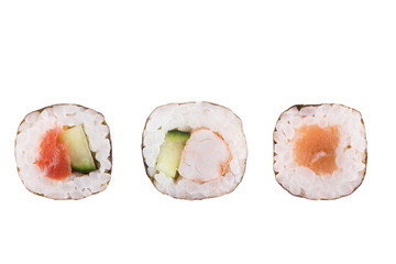Sushi rolls isolated on white background. Collection. Close-up of delicious japanese food with sushi roll.