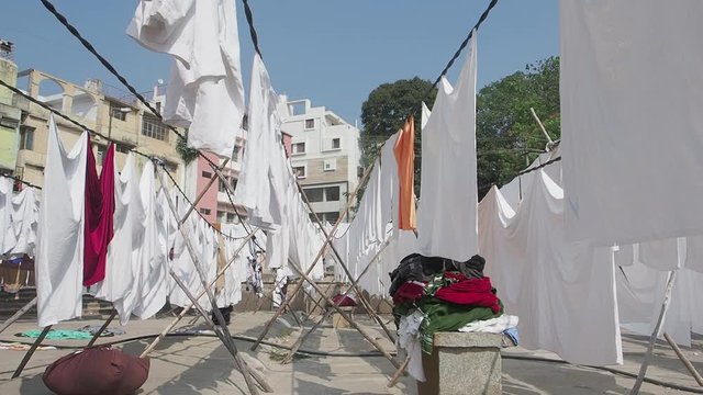 Laundry cleaned in a Dhobi Ghat (launderser's work place) in Malleshwaram , a suburb of Bengaluru, Karnataka, India