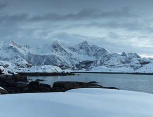 Fototapeta premium Panorama of sunrise on a beach in Lofoten Islands Norway