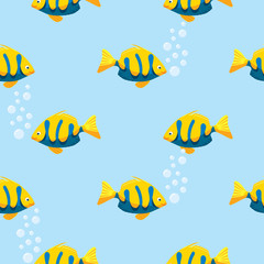 Fototapeta na wymiar Yellow and Blue Smiling Fish Seamless Pattern