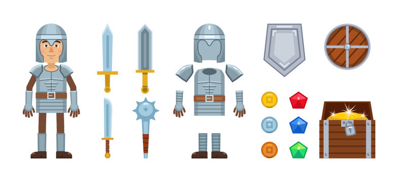 Knight character with diverse game elements. Vector icons of sword, medieval weapons, armor, helmet, shield, coins, gemstones and treasure chest. Flat vector illustration