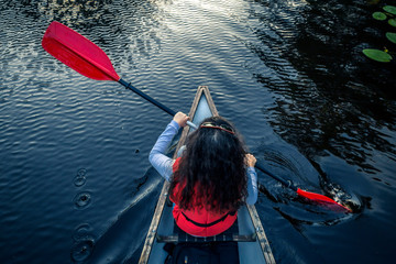 Woman paddling in a boat, backside view. - 264703066