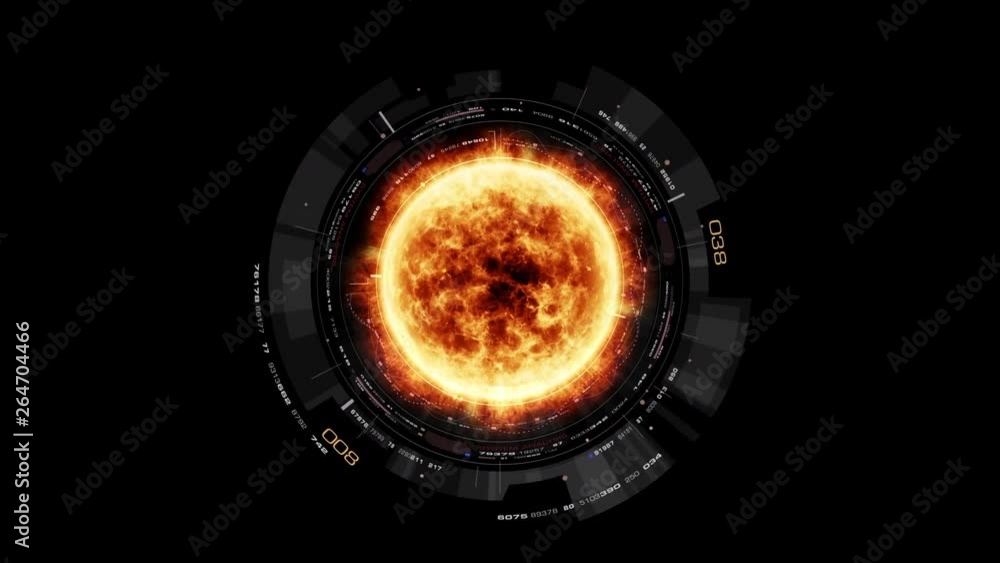 Fototapete Futuristic motion graphic user interface head up display screen with Holographic Sun Corona Particles and digital data telemetry information display for digital background