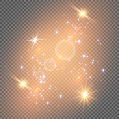 Dust white. White sparks and golden stars shine with special light. Vector sparkles on a transparent background. Christmas abstract pattern. Sparkling magical dust particles.