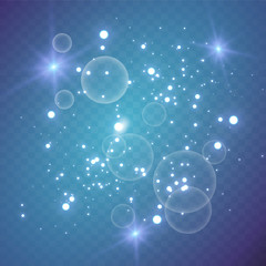 Dust white. White sparks and golden stars shine with special light. Vector sparkles on a transparent background. Christmas abstract pattern. Sparkling magical dust particles.