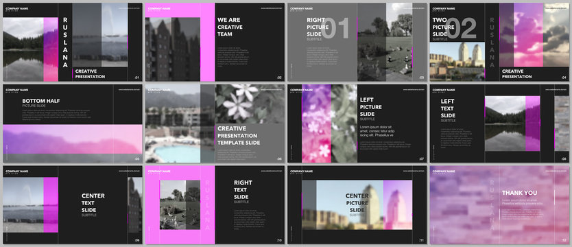 Travel concept presentations design, portfolio vector templates with graphic elements on black. Multipurpose template for presentation slide, flyer leaflet, brochure cover, report, advertising.