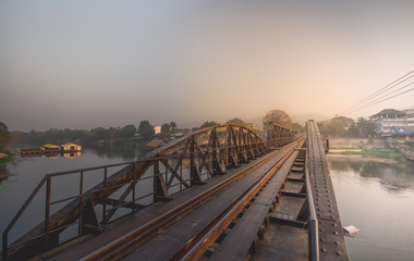 Obraz premium Historical bridge over the river Kwai on sky background