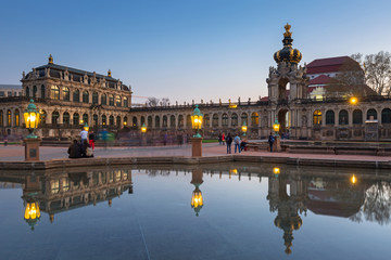 Beautiful architecture of the Zwinger palace in Dresden ad dusk, Saxony. Germany
