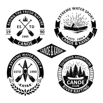 Set Of Vintage Canoe Badges Labels, Emblems And Logo