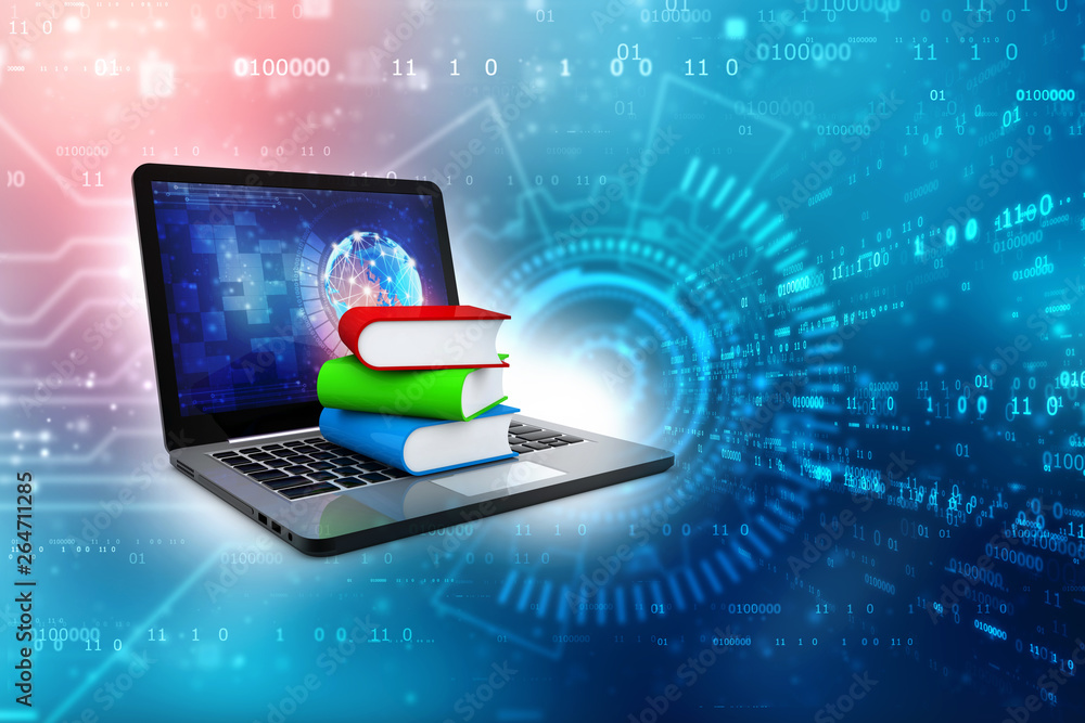 Poster digital library and online education concept - laptop computer with colorful books. 3d rendering