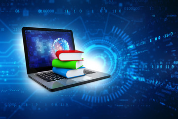 Digital library and online education concept - laptop computer with colorful books. 3d rendering