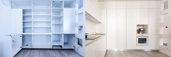 built-in kitchen before and after restoration - renovation concept