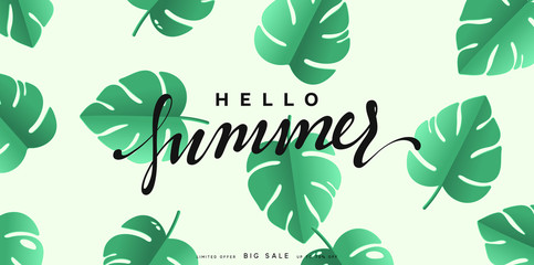 Hello Summer banner tropical background.