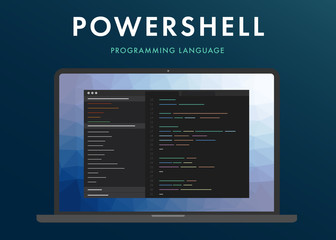 Powershell programming language. Learning concept on the laptop screen code programming. Command line interface with flat design and gradient purple background. 