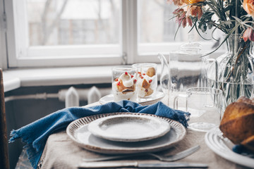 Cake, Dessert arranged on table with flowers