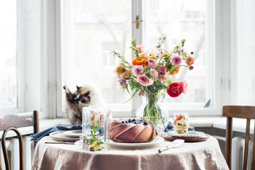 Cake, Pastry with blueberrys arranged on table with flowers