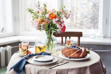 Cake, Pastry with blueberrys arranged on table with flowers
