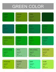 Green. Color codes and names. Selection of colors for design, interior and illustration. Poster