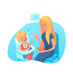 Mother feeding toddler with spoon illustration