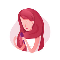 Girl brushing hair flat illustration