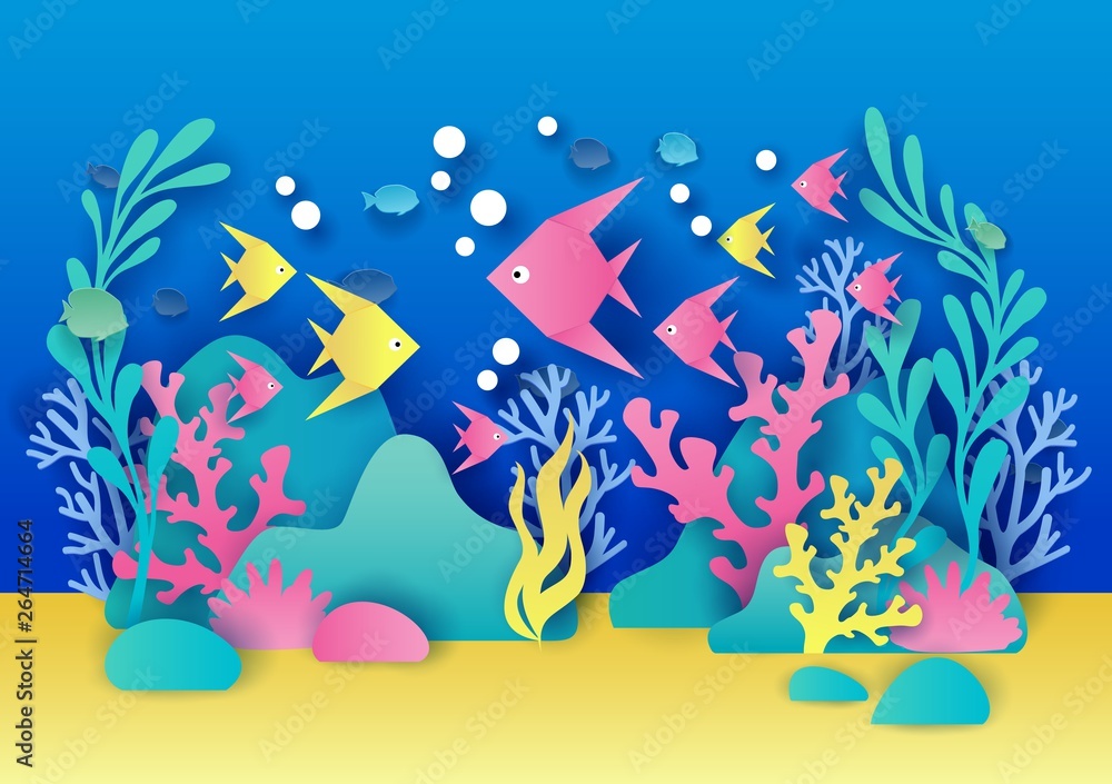 Wall mural Aquarium vector illustration in paper art style - Wall murals