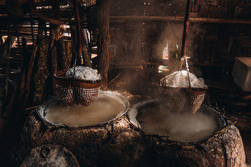 Production of mountainous ,Salt (Sin-tao salt) Ancient salt making from underground water at Bo Kluea district, Nan Province, Thailand