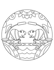 Pattern with beavers. Illustration with a rodent. Mandala with an animal. Coloring page for kids and adults.