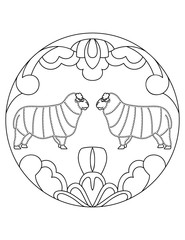 Mandala with an animal. Sheep with fur in a circular frame. Coloring page for kids and adults.