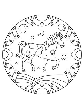 Mandala with an animal. Farm horse in a circular frame. Coloring page for kids and adults.