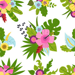 Seamless pattern with tropical leaves and flowers.